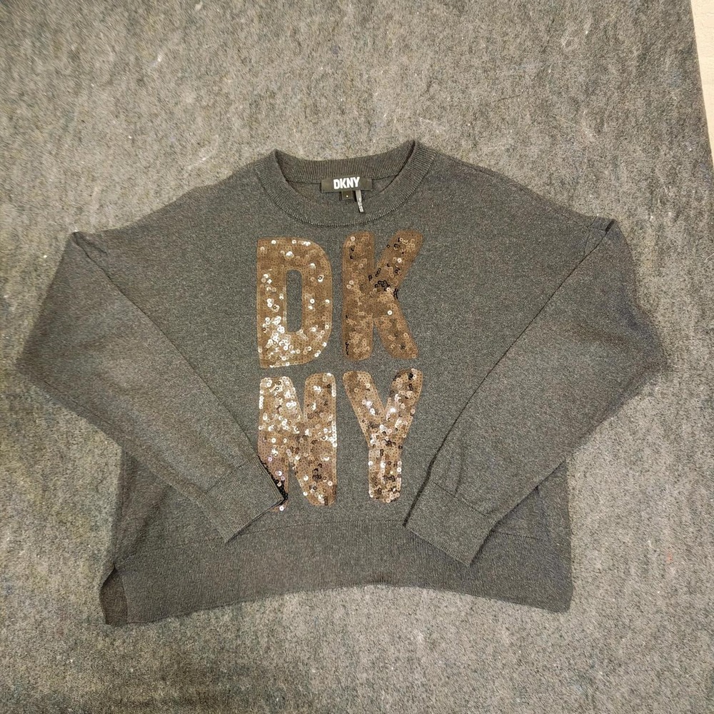 DKNY Heather Grey Sequin Logo Boxy Crop Knit Sweater Womens Small